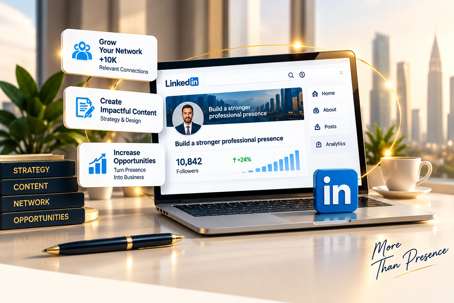 حاسوب وهوية LinkedIn في تكوين احترافي يرمز إلى العلاقات وفرص الأعمال